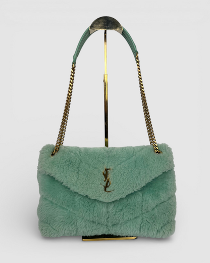 YSL Iced Mint "Loulou Puffer Shearling" Bag w Gold Chain