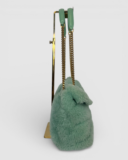 YSL Iced Mint "Loulou Puffer Shearling" Bag w Gold Chain