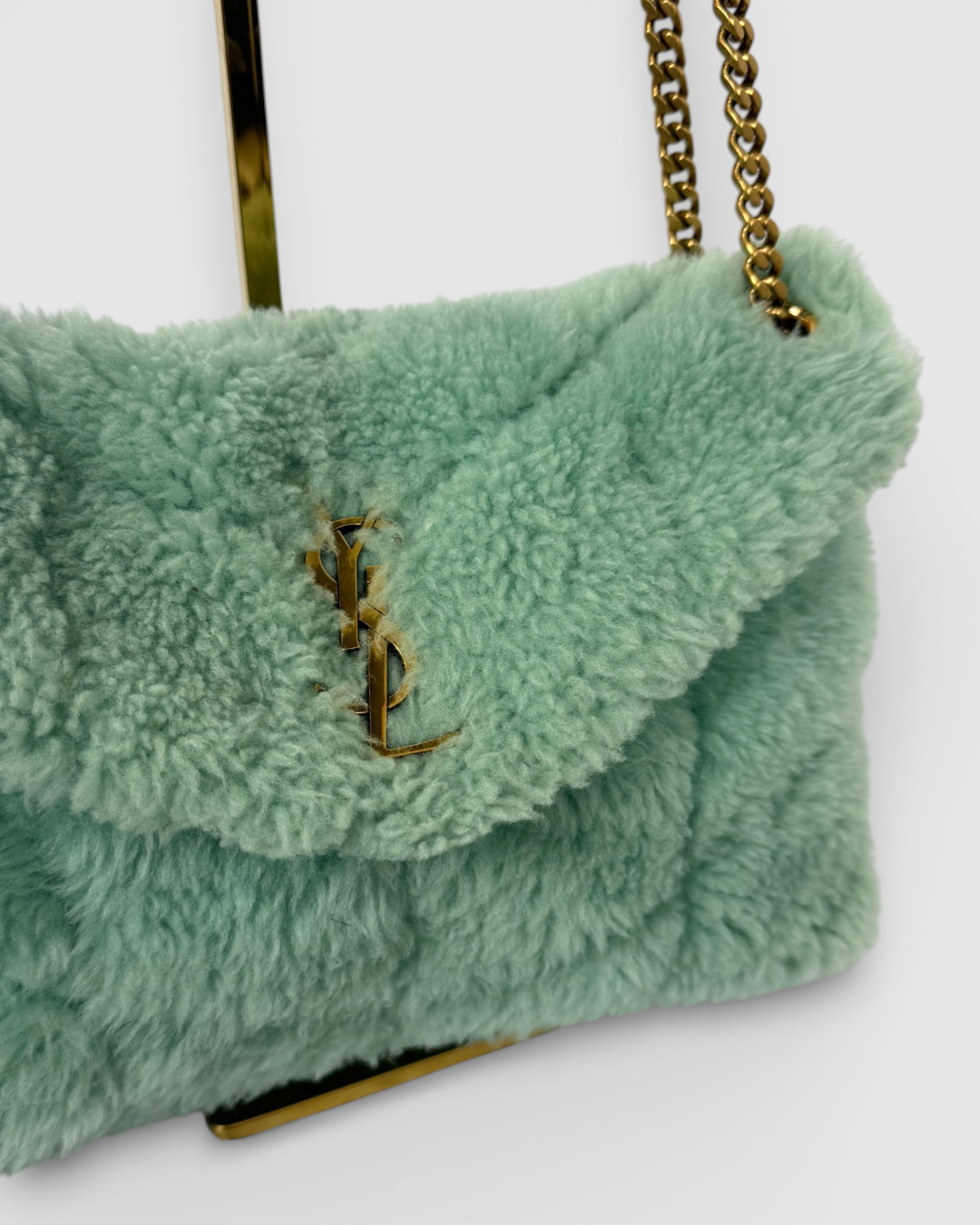YSL Iced Mint "Loulou Puffer Shearling" Bag w Gold Chain
