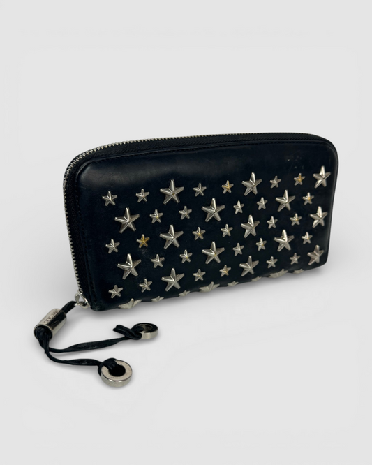 Jimmy Choo Black Leather Star-Studded Zip Around Wallet