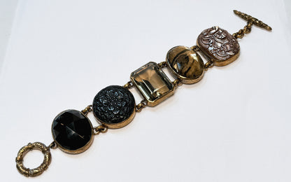Stephen Dweck Gold Toned Black & Brown Carved Crystal Multi-Stone Link Toggle Bracelet