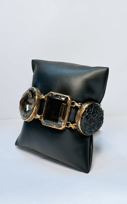 Stephen Dweck Gold Toned Black & Brown Carved Crystal Multi-Stone Link Toggle Bracelet