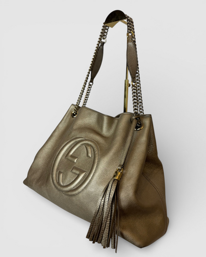 Gucci Bronze Metallic Pebbled Leather Soho Chain GG Tote Bag