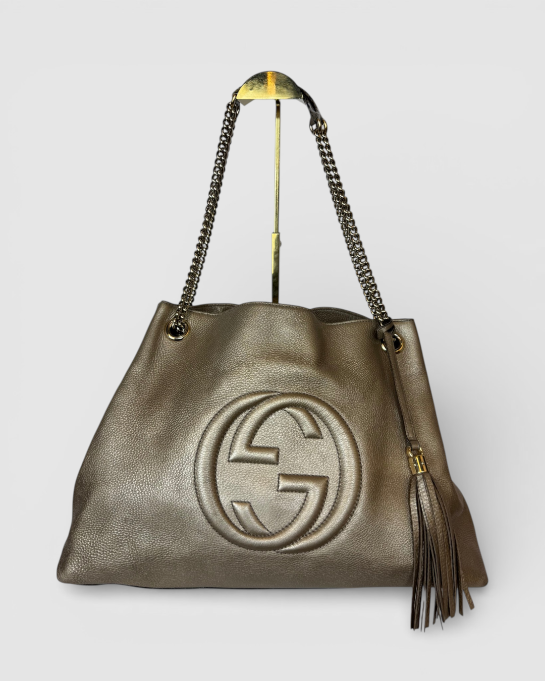 Gucci Bronze Metallic Pebbled Leather Soho Chain GG Tote Bag