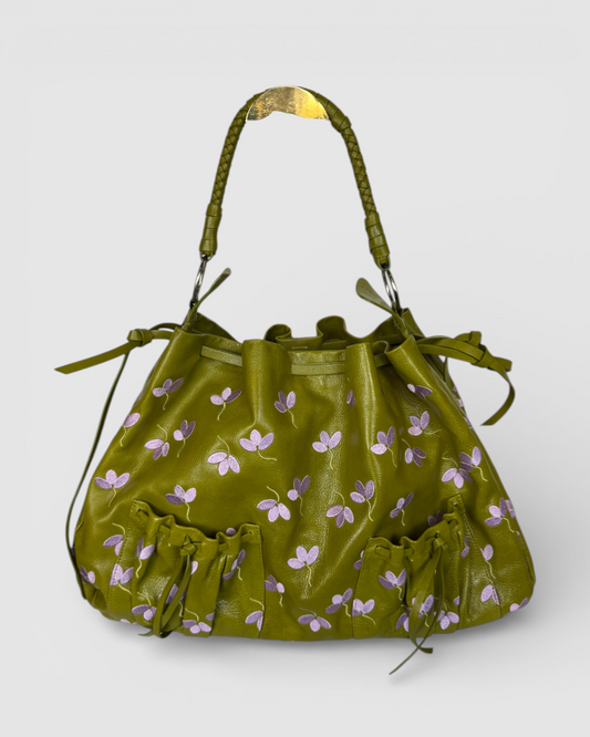 Garrigue & Jarossay Leather Olive Green w Purple Floral Embroidery Shoulder Bag