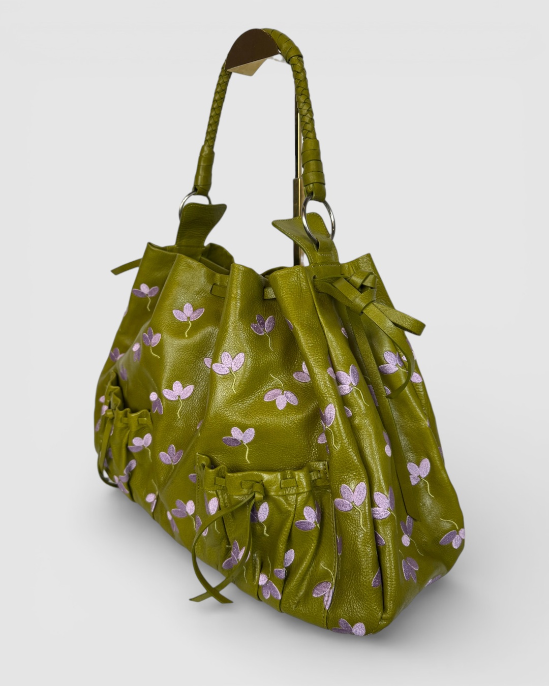 Garrigue & Jarossay Leather Olive Green w Purple Floral Embroidery Shoulder Bag