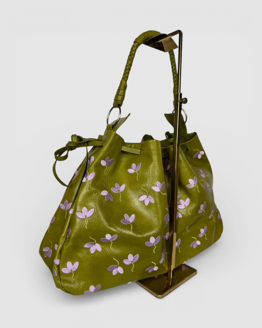 Garrigue & Jarossay Leather Olive Green w Purple Floral Embroidery Shoulder Bag