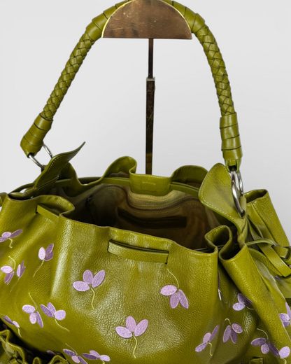 Garrigue & Jarossay Leather Olive Green w Purple Floral Embroidery Shoulder Bag