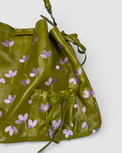 Garrigue & Jarossay Leather Olive Green w Purple Floral Embroidery Shoulder Bag