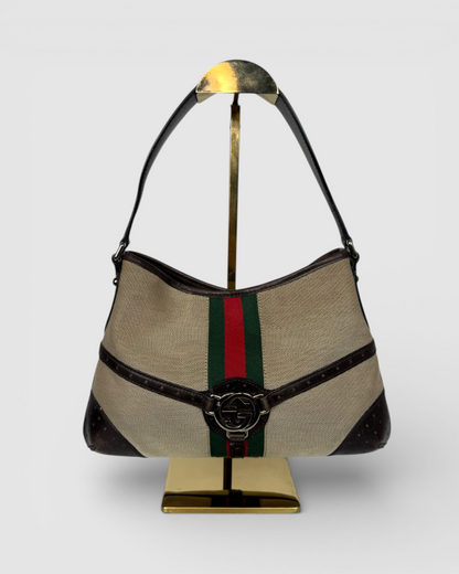 Gucci Vintage Beige Red Green Web Reins Shoulder Hobo Bag