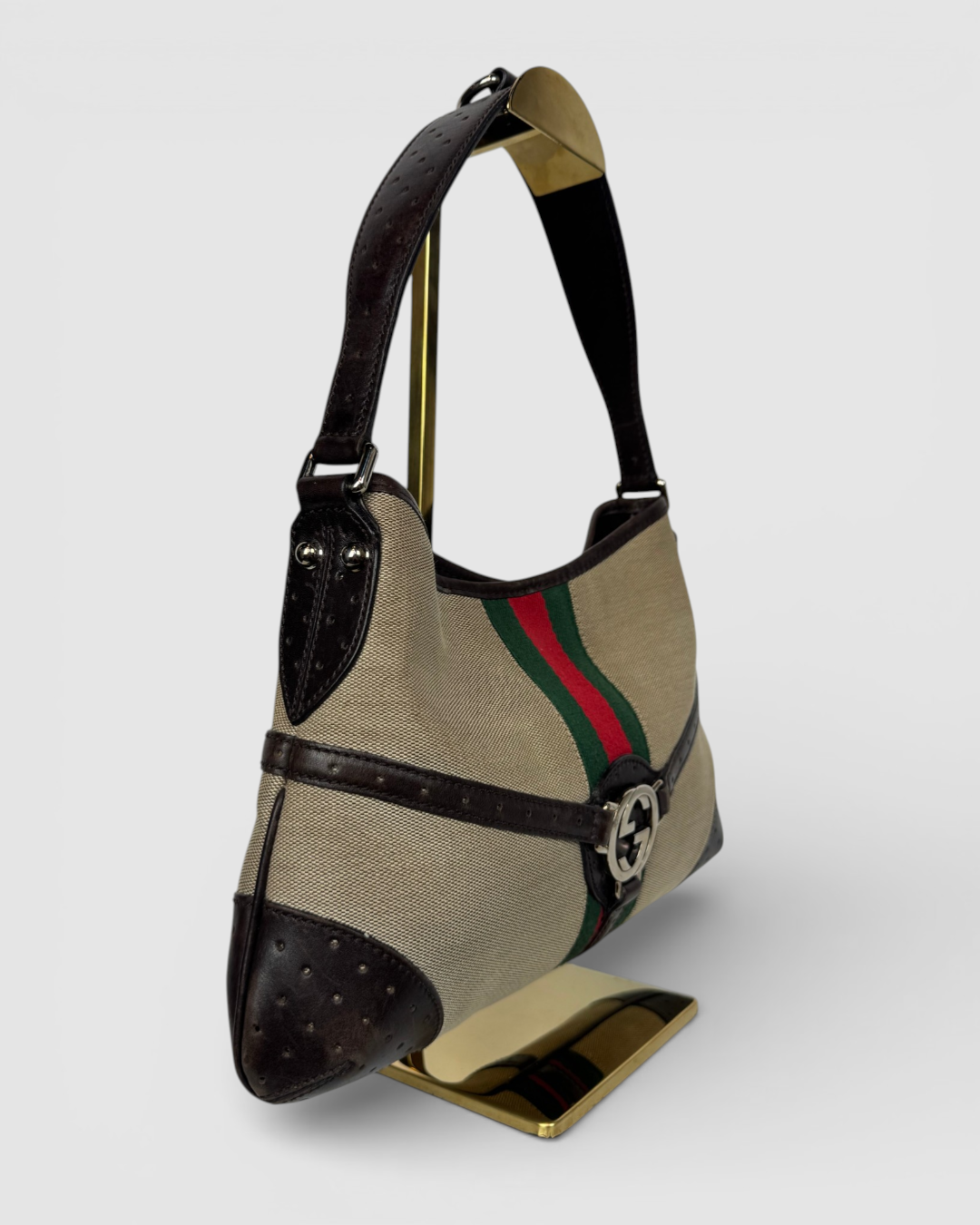 Gucci Vintage Beige Red Green Web Reins Shoulder Hobo Bag