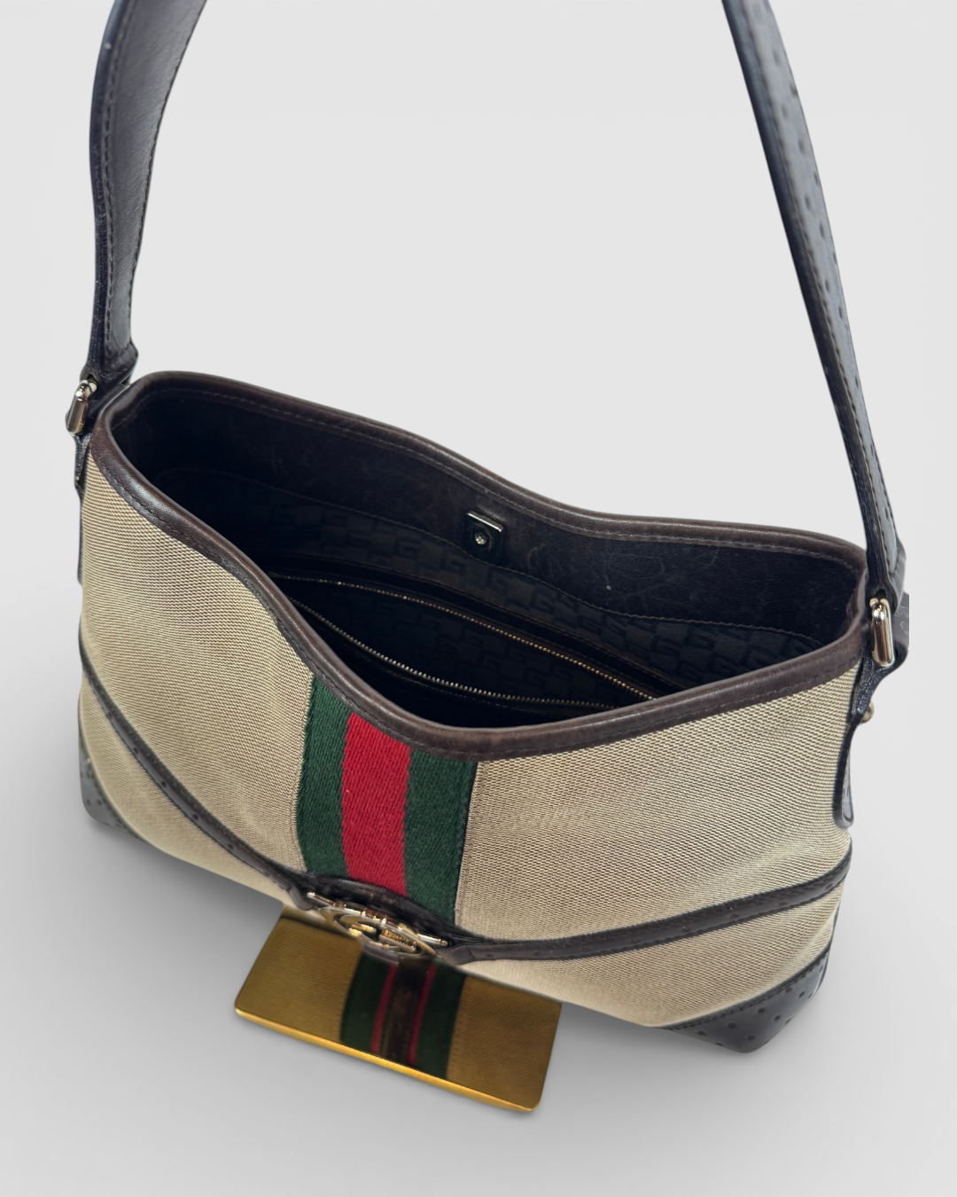 Gucci Vintage Beige Red Green Web Reins Shoulder Hobo Bag