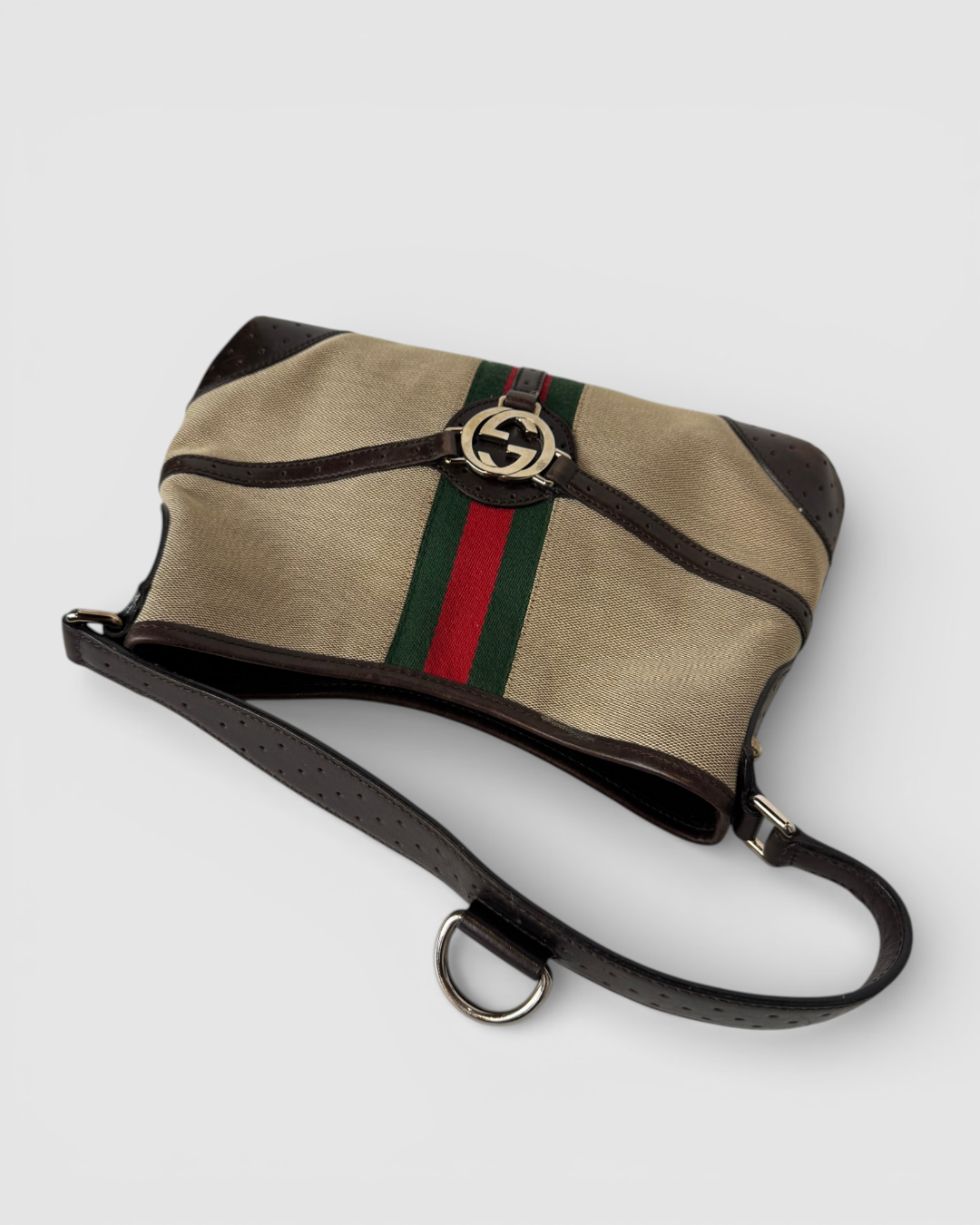 Gucci Vintage Beige Red Green Web Reins Shoulder Hobo Bag