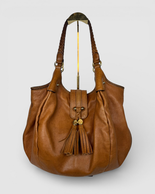 Gucci Brown Leather Large Flap Tassel Marrakech Hobo Bag