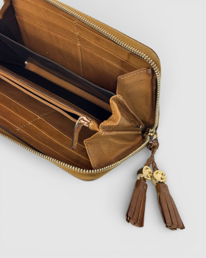 Gucci Brown Leather Tassel Gold GG Zip Around Wallet