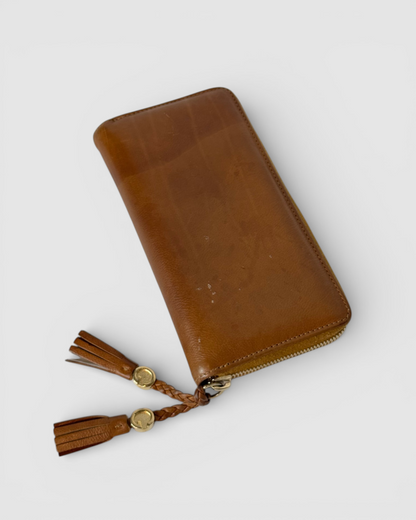Gucci Brown Leather Tassel Gold GG Zip Around Wallet