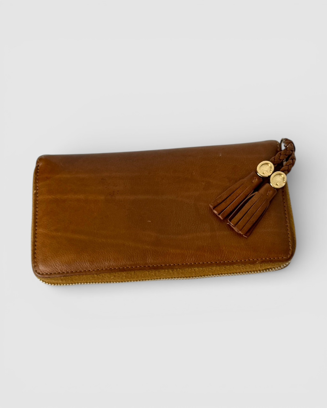 Gucci Brown Leather Tassel Gold GG Zip Around Wallet