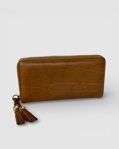 Gucci Brown Leather Tassel Gold GG Zip Around Wallet