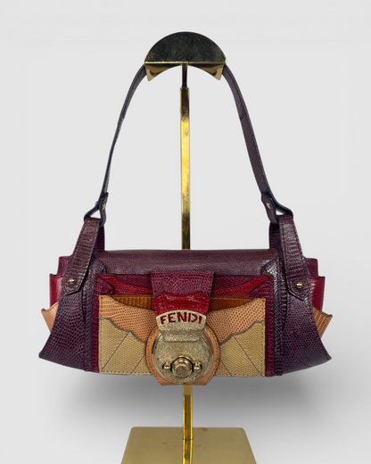 Fendi Leather Plum Maroon Orange Lizard Skin Mini Baguette Shoulder Bag w Gold Lock