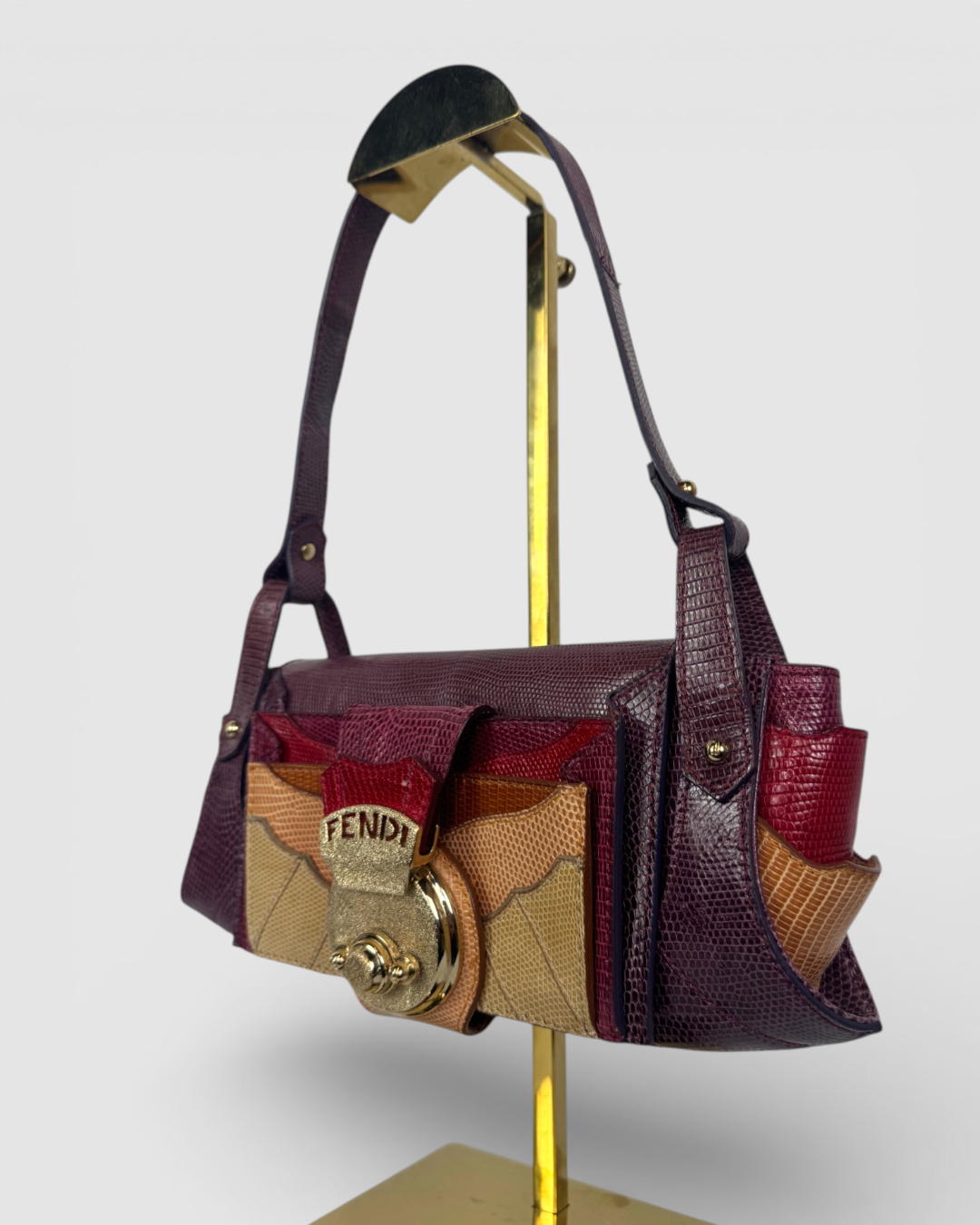 Fendi Leather Plum Maroon Orange Lizard Skin Mini Baguette Shoulder Bag w Gold Lock