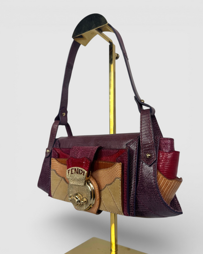 Fendi Leather Plum Maroon Orange Lizard Skin Mini Baguette Shoulder Bag w Gold Lock