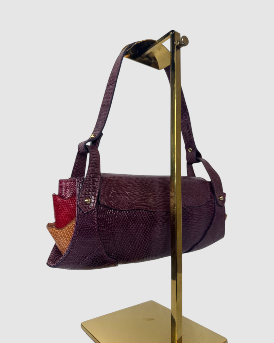 Fendi Leather Plum Maroon Orange Lizard Skin Mini Baguette Shoulder Bag w Gold Lock