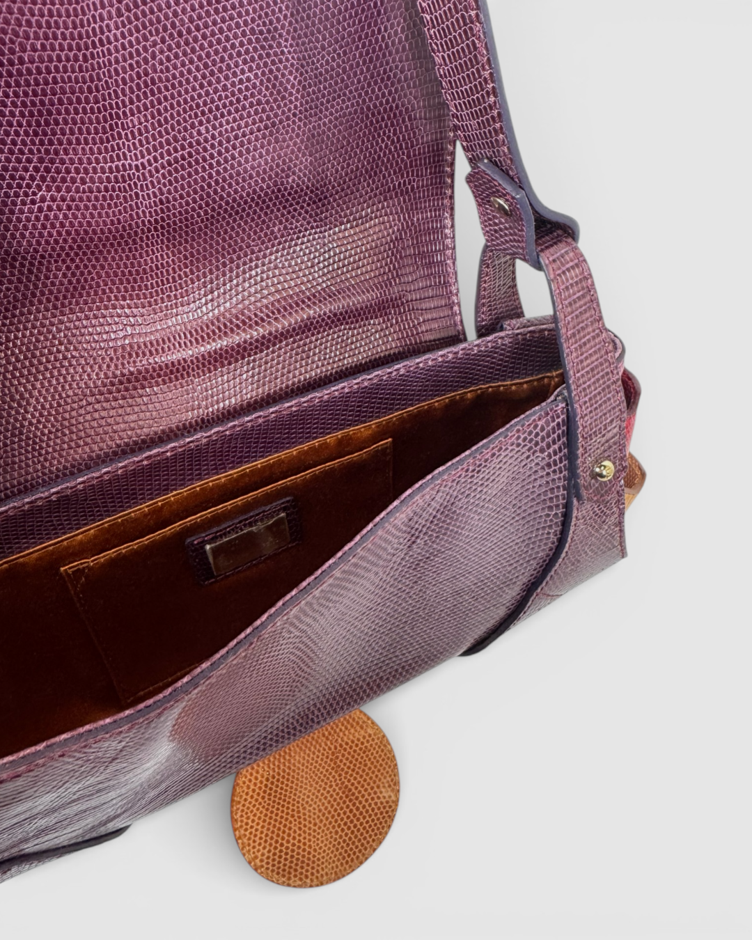 Fendi Leather Plum Maroon Orange Lizard Skin Mini Baguette Shoulder Bag w Gold Lock