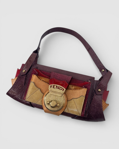 Fendi Leather Plum Maroon Orange Lizard Skin Mini Baguette Shoulder Bag w Gold Lock