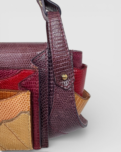 Fendi Leather Plum Maroon Orange Lizard Skin Mini Baguette Shoulder Bag w Gold Lock