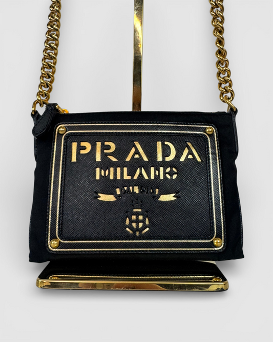 Prada Black Tessuto Oro Nylon Gold Logo Mini Chain Bag