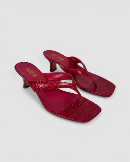 Paris Texas Leather Red Croc Embossed Square Toe Kitten Heel Sandals