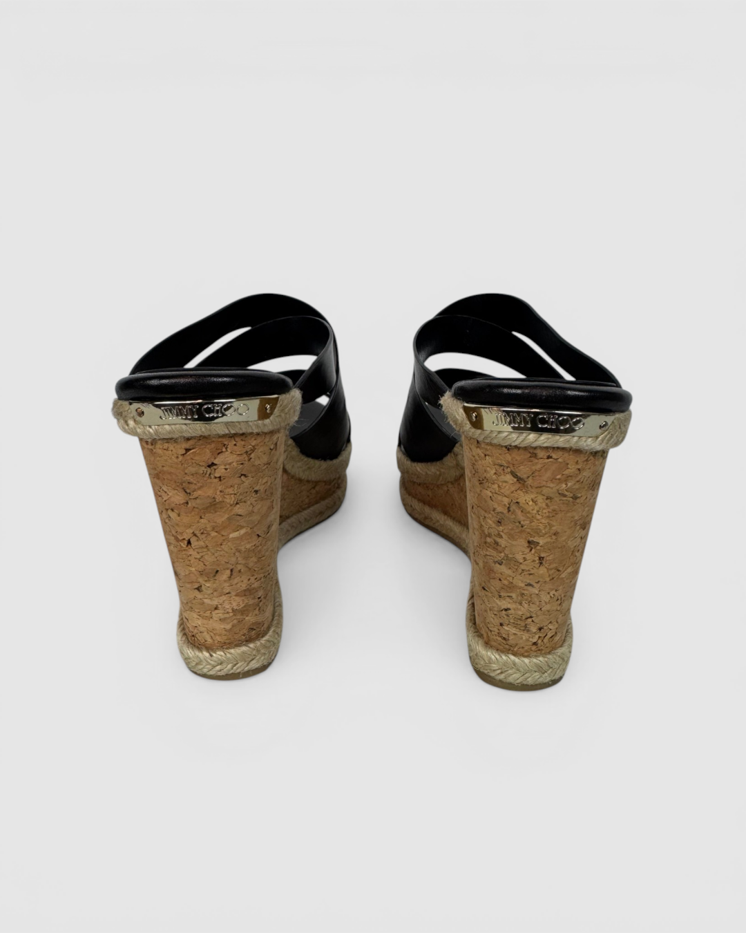 Jimmy Choo Black Strap Wedge Braided Trim Sandals