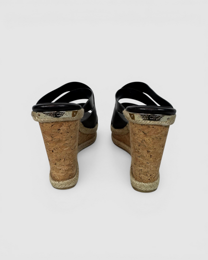 Jimmy Choo Black Strap Wedge Braided Trim Sandals