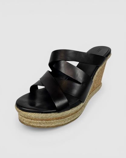 Jimmy Choo Black Strap Wedge Braided Trim Sandals