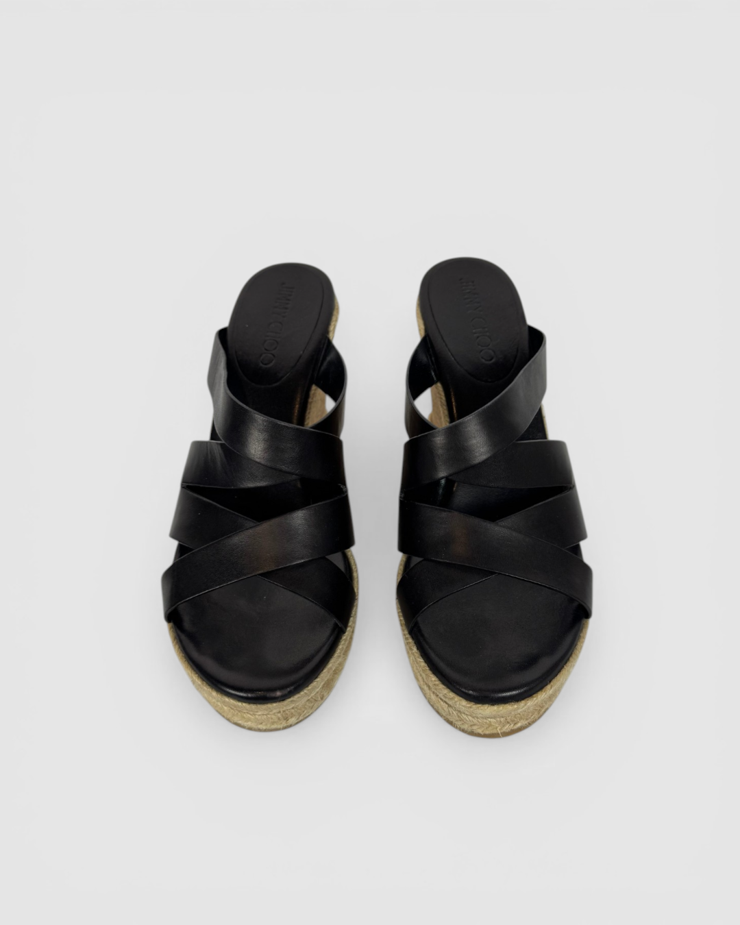 Jimmy Choo Black Strap Wedge Braided Trim Sandals