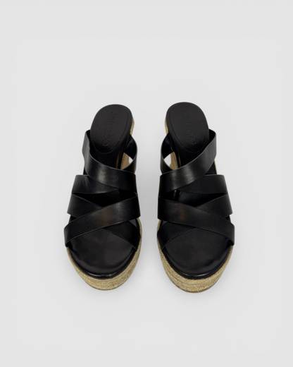 Jimmy Choo Black Strap Wedge Braided Trim Sandals