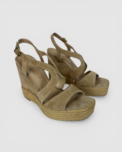 Paloma Barcelo Suede Beige Espadrille Wedge Buckle Sandals