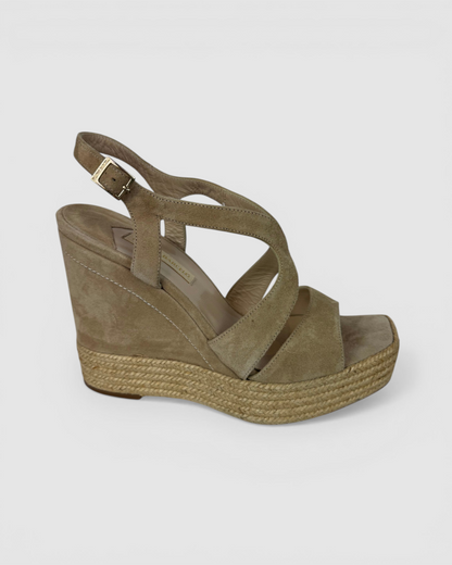 Paloma Barcelo Suede Beige Espadrille Wedge Buckle Sandals