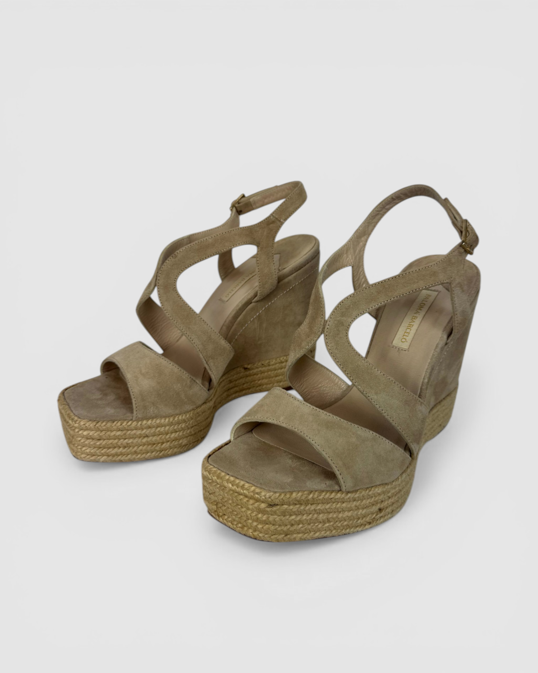 Paloma Barcelo Suede Beige Espadrille Wedge Buckle Sandals