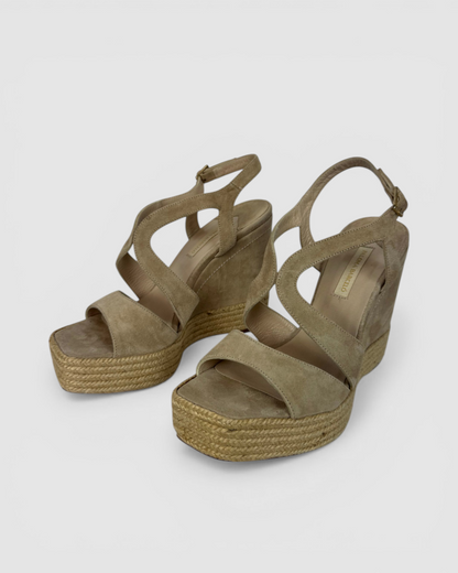 Paloma Barcelo Suede Beige Espadrille Wedge Buckle Sandals