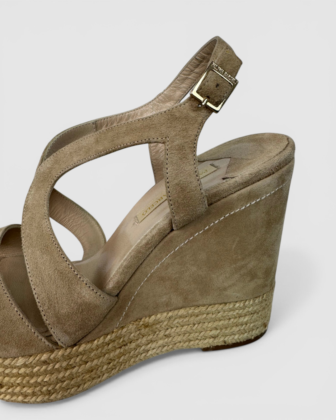 Paloma Barcelo Suede Beige Espadrille Wedge Buckle Sandals