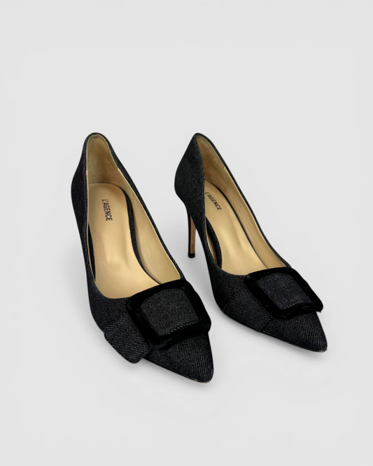 L'agence Grey Black Denim Black Square Buckle Pointed Toe Pumps