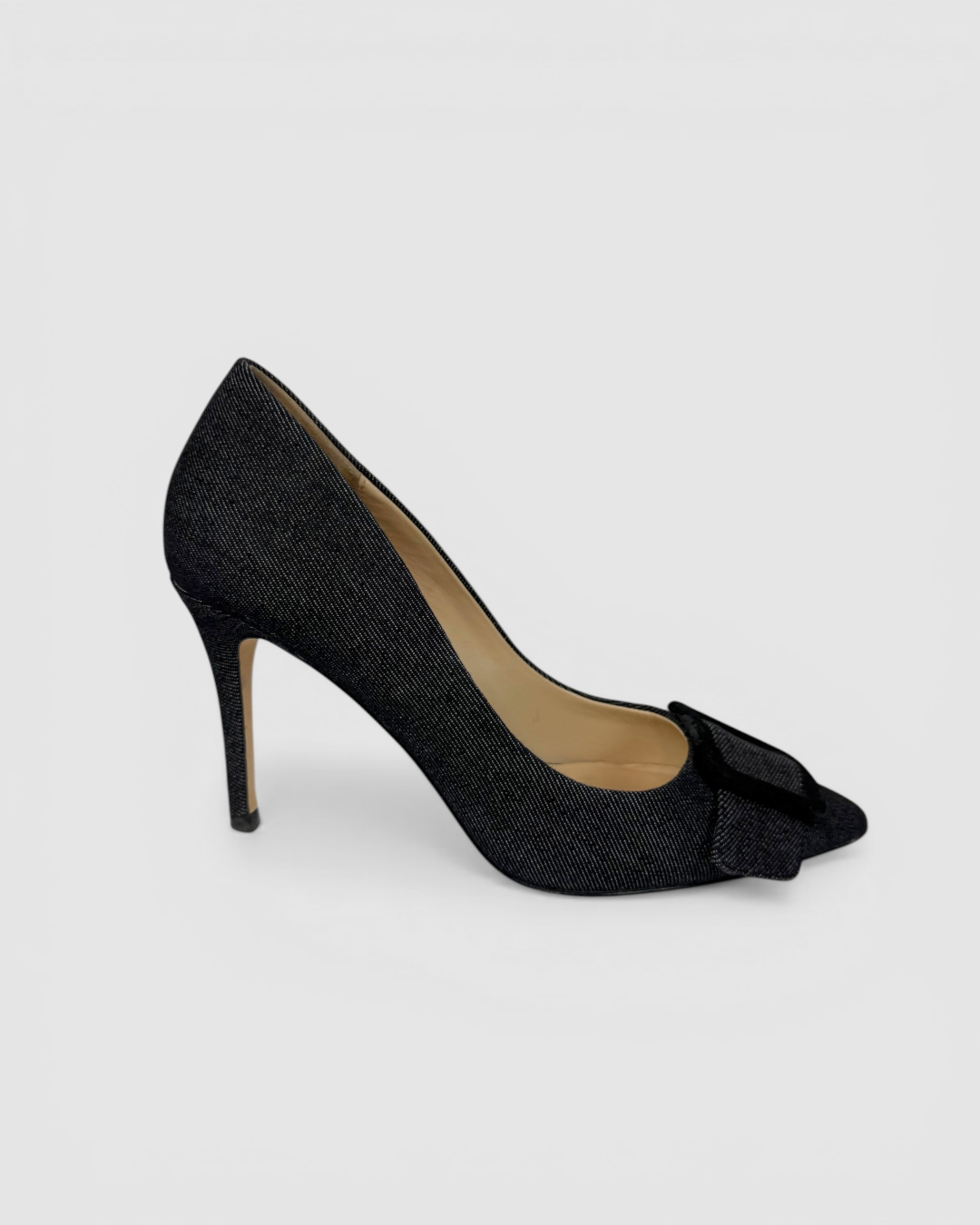 L'agence Grey Black Denim Black Square Buckle Pointed Toe Pumps