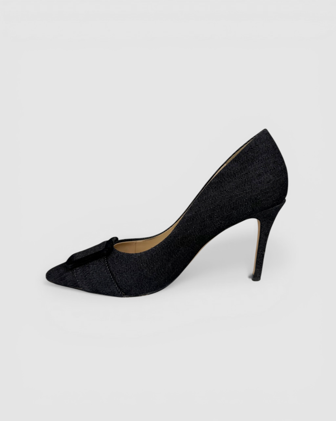 L'agence Grey Black Denim Black Square Buckle Pointed Toe Pumps