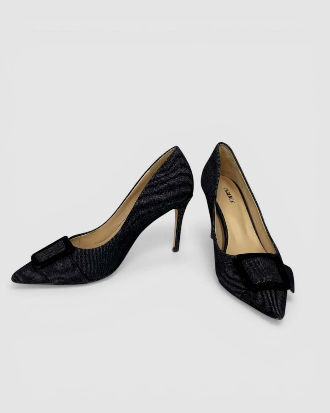 L'agence Grey Black Denim Black Square Buckle Pointed Toe Pumps