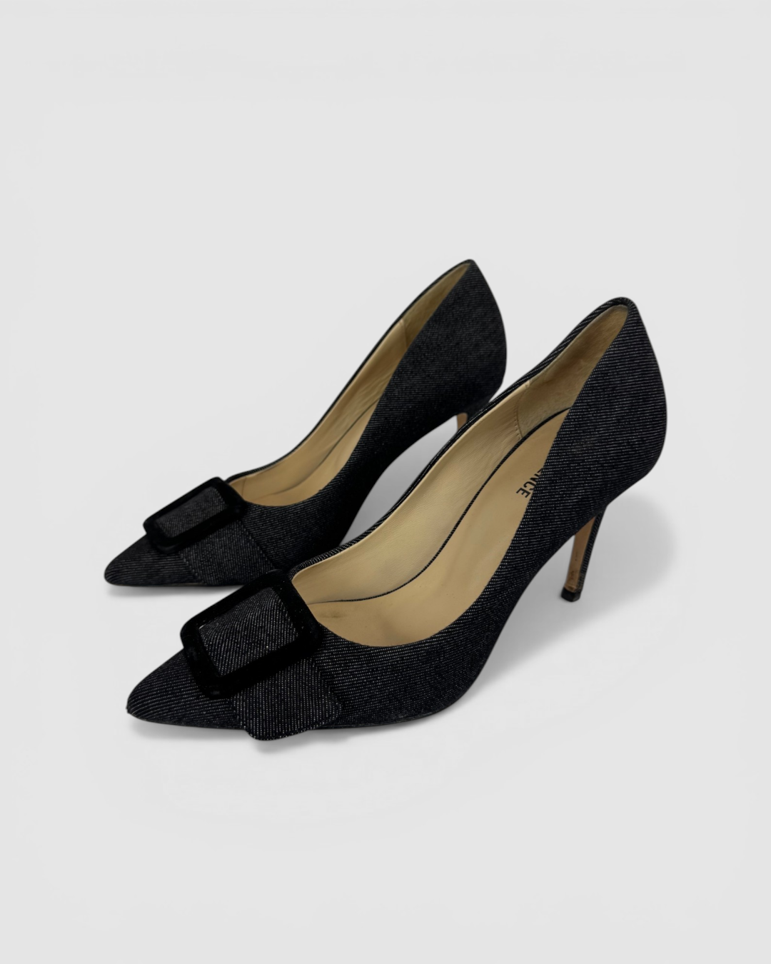 L'agence Grey Black Denim Black Square Buckle Pointed Toe Pumps