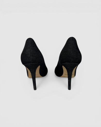 L'agence Grey Black Denim Black Square Buckle Pointed Toe Pumps