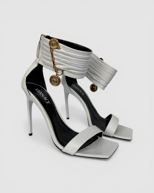 Versace White Leather Square Toe Pleat Ankle Strap w Gold Pin Pumps