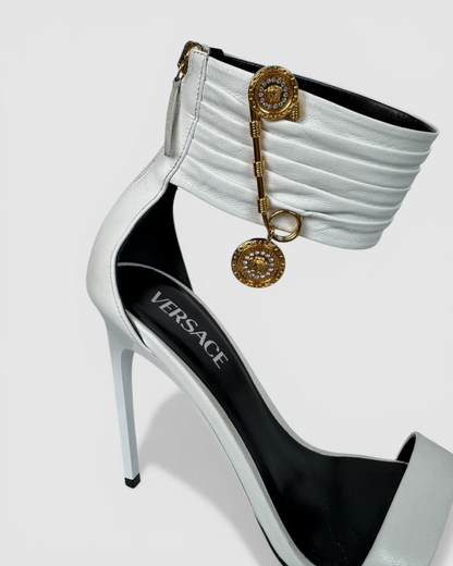 Versace White Leather Square Toe Pleat Ankle Strap w Gold Pin Pumps