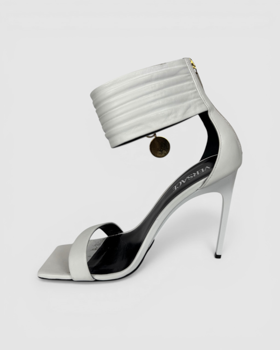 Versace White Leather Square Toe Pleat Ankle Strap w Gold Pin Pumps